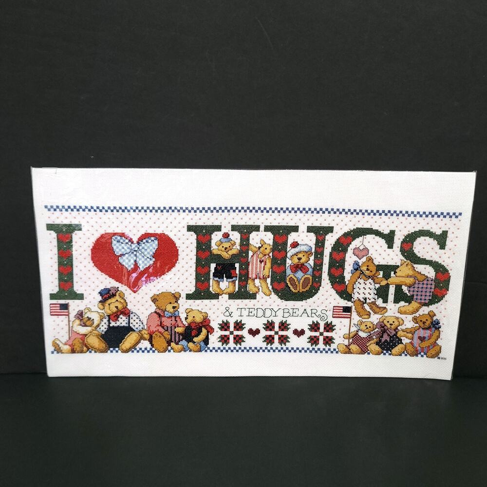 Handmade Cross Stitch I Love Hugs Teddy Bears Hearts Americana Folk Art 22"